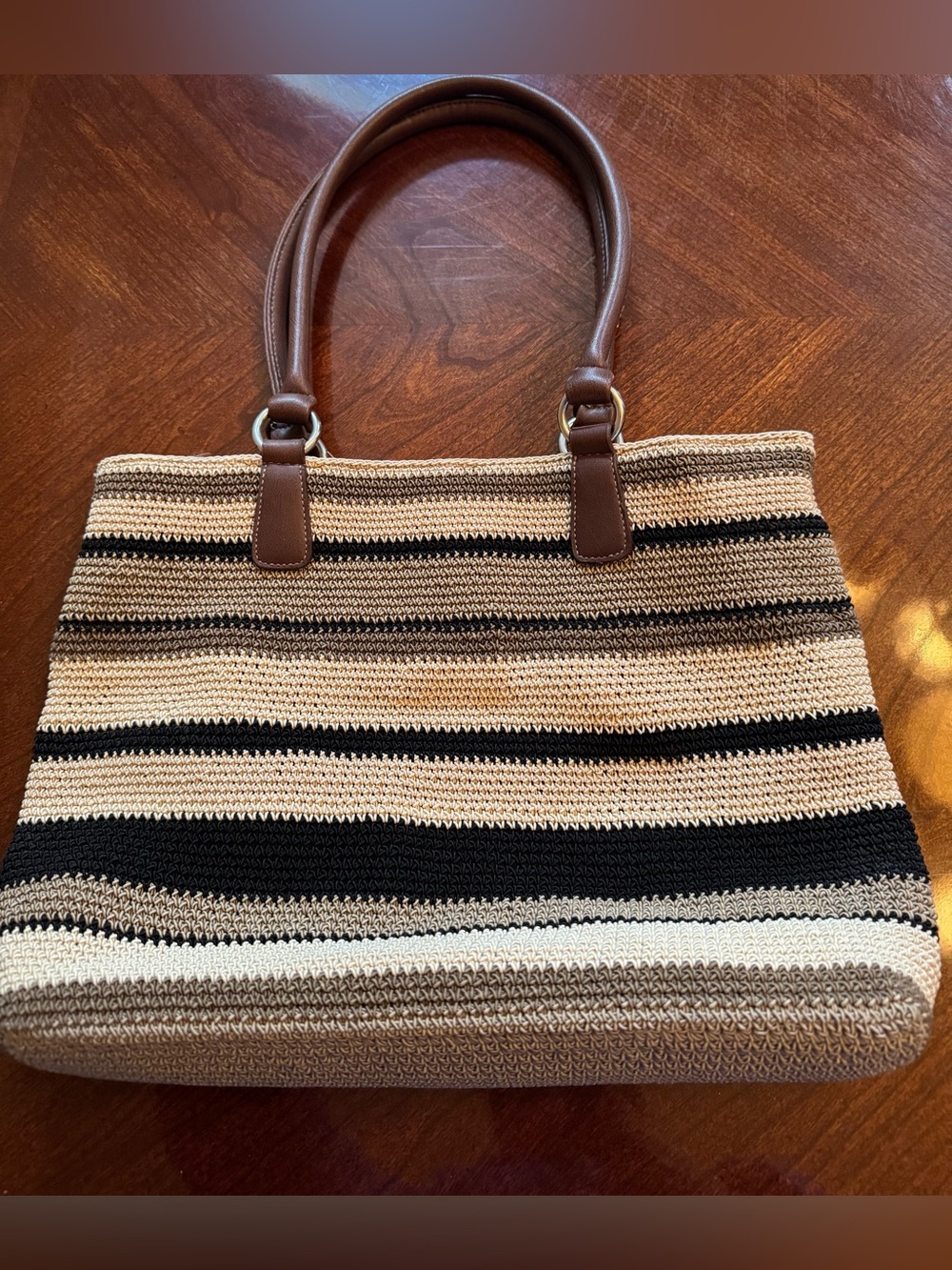 Striped Crochet Purse/Tote/Handbag with Brown Handles
